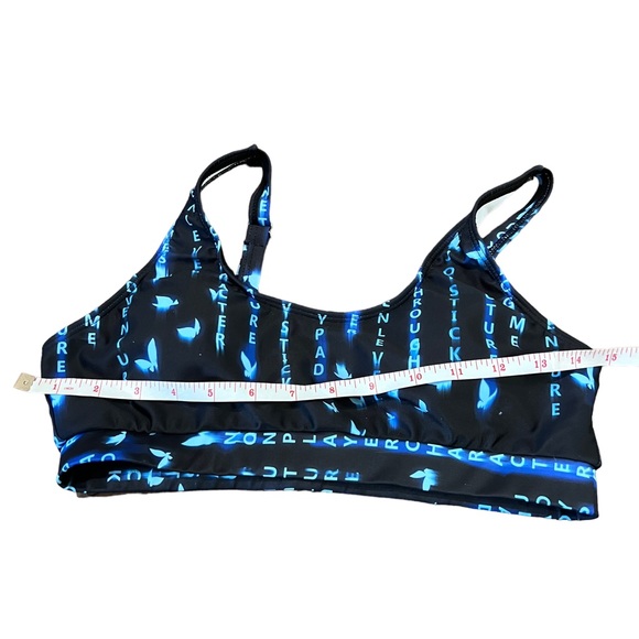 Blue Black Colorblock Matrix Futuristic Asymmetrical Crop Top & Biker Shorts Set - Picture 14 of 15